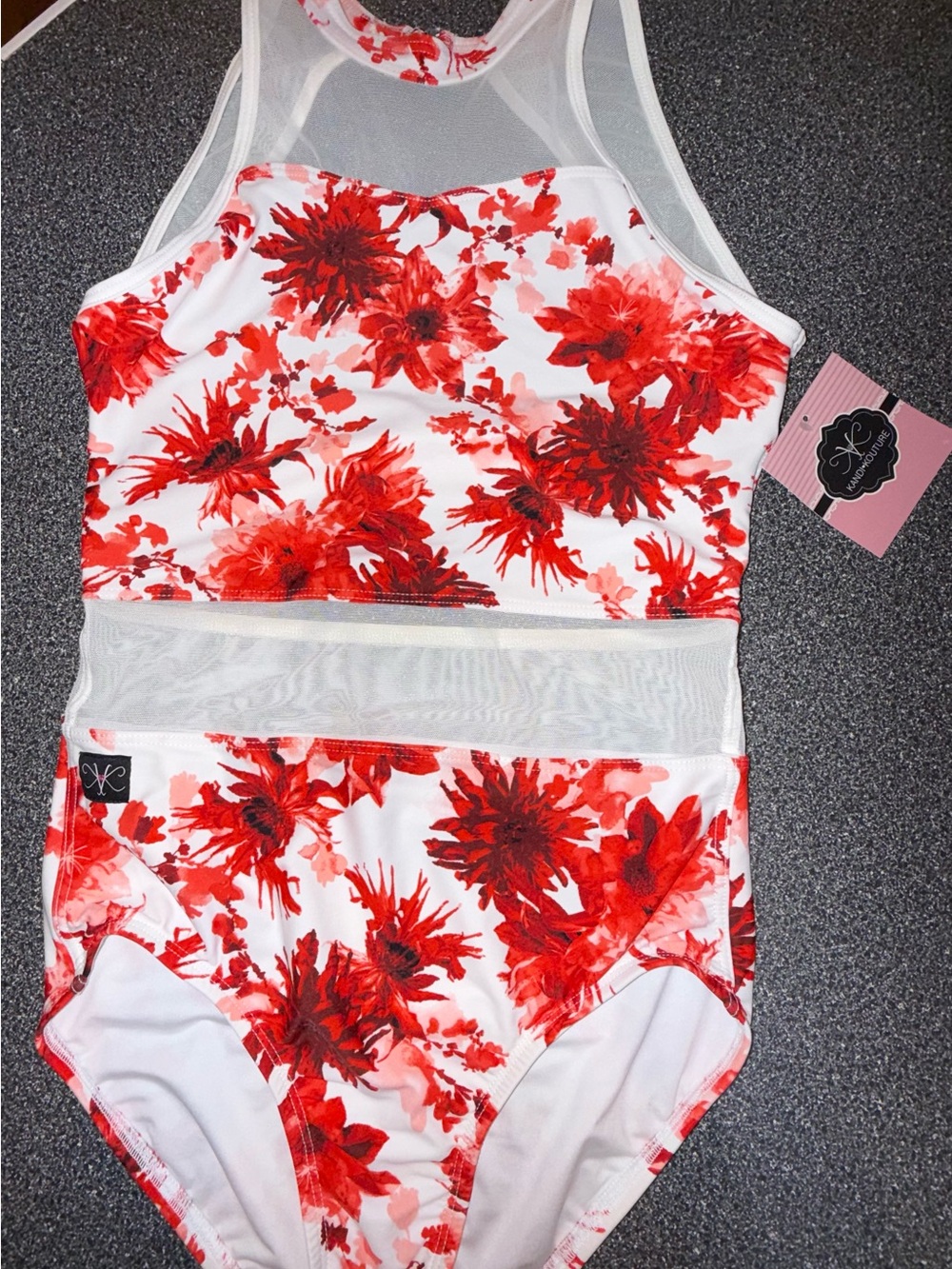 Kandi Kouture NWT!! Red Floral Mesh One Piece Leotard. Size Adult Medium